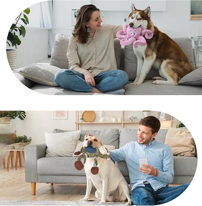 BUYPOW 2Pack Dog Toys for Large Dog - Plush Squeaky Medium & Small Dog Toys - Stuffed Animals Puppy Toys - (Monkey+Octopus Pink)