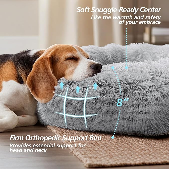 JOLLYVOGUE Calming Dog Bed Medium Size Dog, Anti-Anxiety Donut Medium Dog Bed, 31 inches Fluffy Faux Fur Cushion Bed for Dogs and Cats, Fits up to 45 lbs Pets (Smoke Grey)