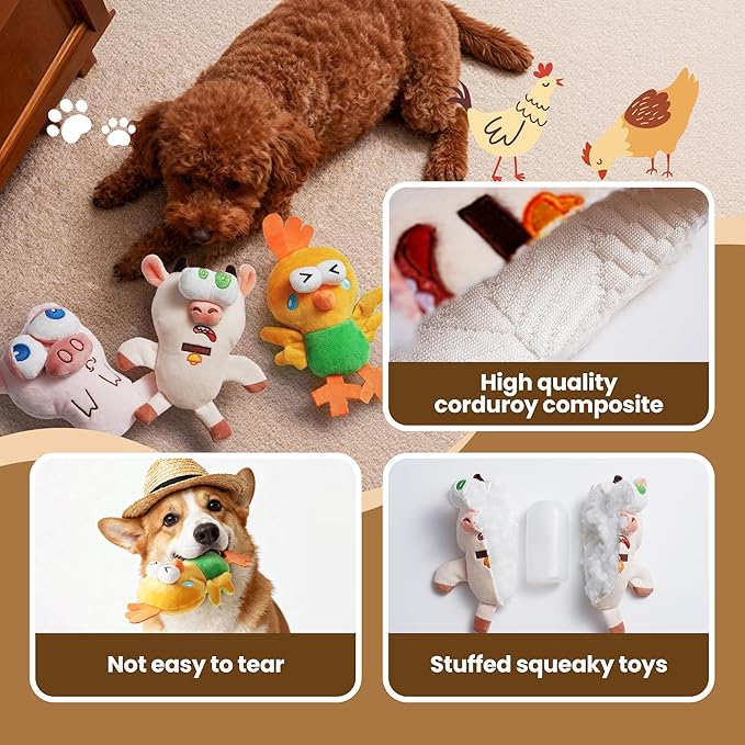 Nocciola Squeaky Dog Toys, Durable Farm Critter Plush Stuffed Dog Toys with Crinkle & 3 Unique Realistic Animal Squeak Sounds to Keep Dogs Busy, Puppy Teeth Toys for Small, Medium & Large Dogs
