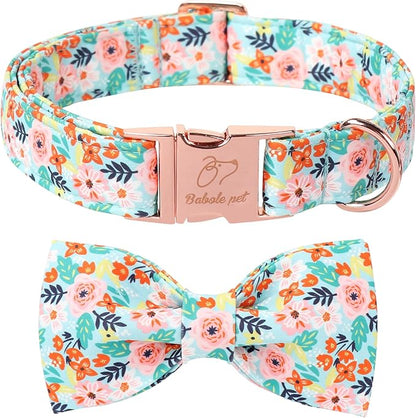 Floral Dog Collar with Bow Tie - Adjustable Light Blue Flower Bowtie Collar Breathable Comfort Spring-Summer Dog Collars for Small Medium Large Dogs XL