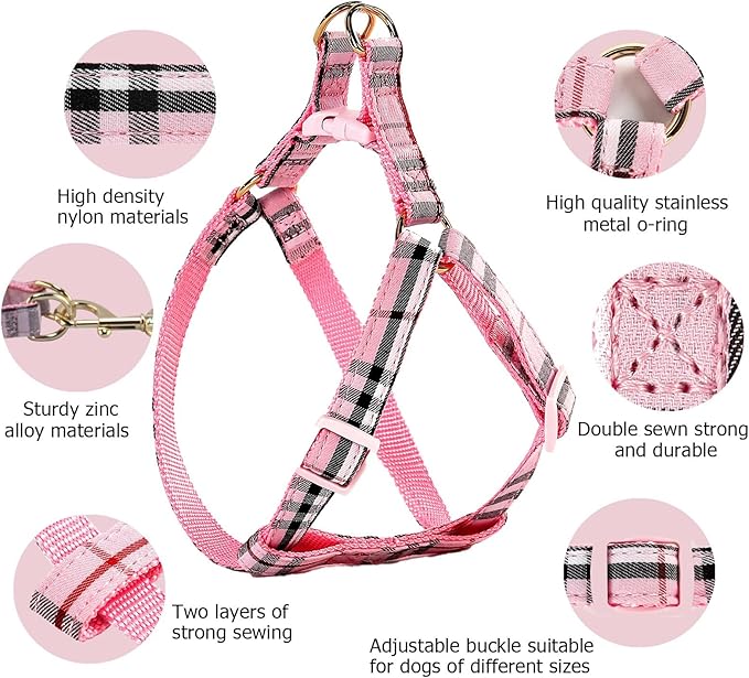NISIYE Cute Plaid Dog Collar Harness and Leash with Safety Buckle - Adjustable and No Pull Comfortable Dog Collars for Small Puppy, Stylish Durable Gift for Boy Girl Pets