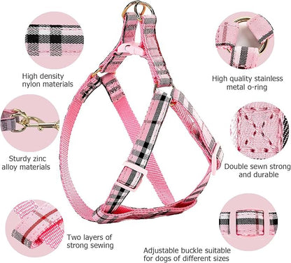 NISIYE Cute Plaid Dog Collar Harness and Leash with Safety Buckle - Adjustable and No Pull Comfortable Dog Collars for Small Puppy, Stylish Durable Gift for Boy Girl Pets