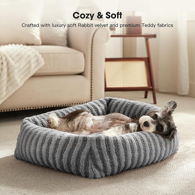 MIXJOY Dog Bed Medium Size Dog, Washable Medium Dogs Bed with Removable Cover, Soft Rectangle Doggy Ded Fluffy Plush Faux Fur Pet Bed with Anti-Slip Bottom, 30"x24"x8", Grey