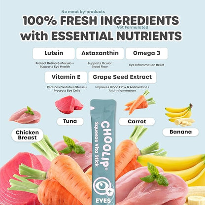 Choolip Squeeze Vita Stick Lickable Cat and Dog Treats, 49-Count Eye Support Variety Pack, Chicken and Tuna with Lutein, Omega-3 and Grapeseed Extract