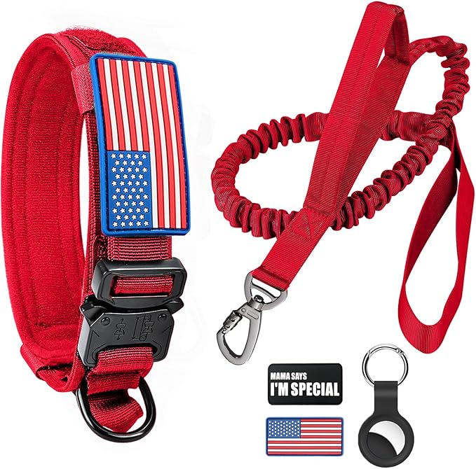 Tactical Dog Collar and Bungee Leash,Military Dog Collar & Leash Set with USA American Flag Adjustable K9 Collar with Heavy Duty Metal Buckle & Handle,with Patches and Airtags Case (XL, Red)