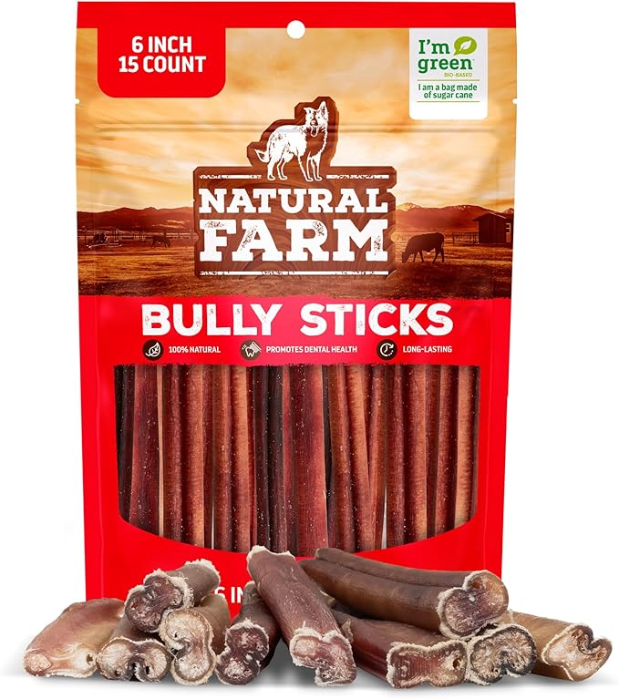 Natural Farm Bully Sticks (6 Inch, 15 Count), Single Ingredient: 100% Beef Chews, Grass-Fed, Non-GMO, Grain-Free, Fully Digestible Treats for Puppies, Small or Senior Dog