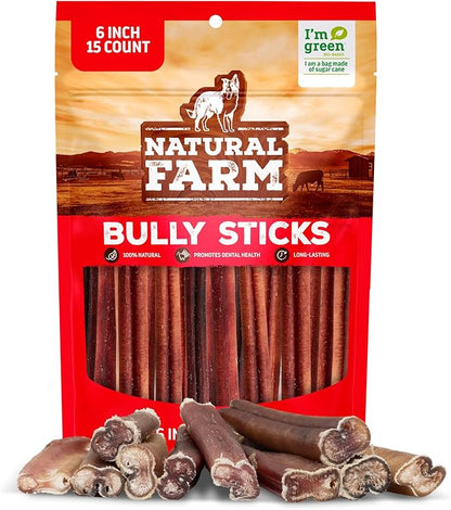 Natural Farm Bully Sticks (6 Inch, 15 Count), Single Ingredient: 100% Beef Chews, Grass-Fed, Non-GMO, Grain-Free, Fully Digestible Treats for Puppies, Small or Senior Dog