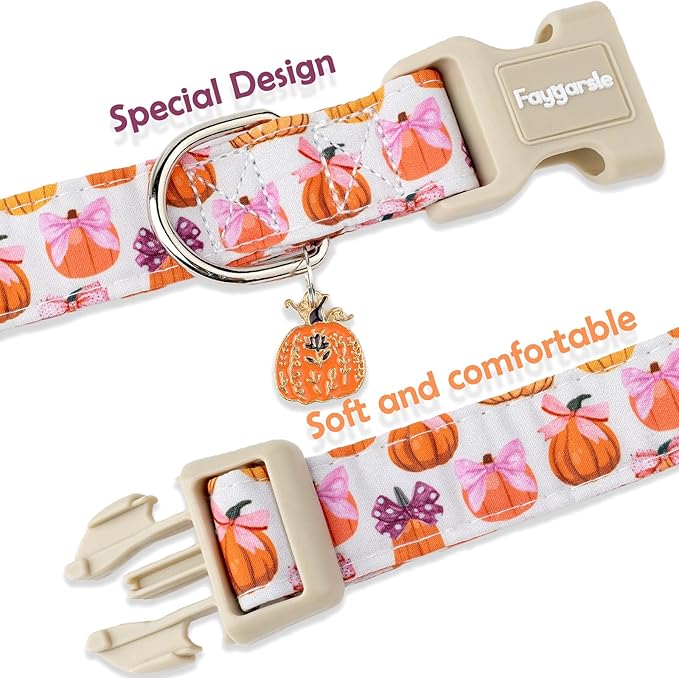 Faygarsle Fall Pumpkin Pattern Dog Collar with Charm, Adjustable Neckwear for Small Medium Large Dogs, Orange and Pink for Small Medium Large Dogs L