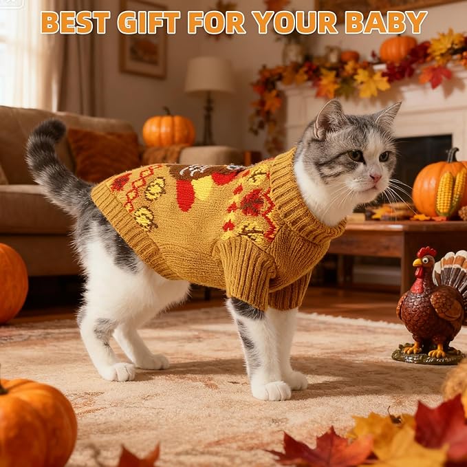 KOOLTAIL Thanksgiving Cat Sweater Turtleneck - Soft Knit Cat Sweaters for Cats Only, Turkey Pattern Thick Warm Winter Cold Weather Pet Clothes for Small Medium Large Kitten Puppy Boys Girls, Brown S