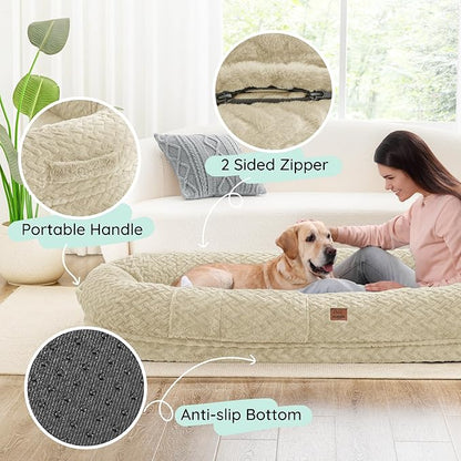 Human Dog Bed for Adult - Luxury Faux Fur Giant Size Dog Bed with Portable Handle, Egg Orthopedic Foam Bed with Blanket, 72"x40"x10", Linen