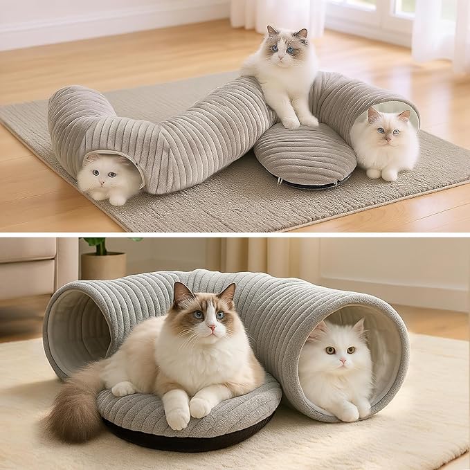 MOYMO Cat Tunnel Bed for Indoor Cats, Peekaboo Cat Cave Bed,Soft Cat Donut Tunnel for Kitten Large Cats, Cat Tunnel Christmas Tree Skirt, Grey