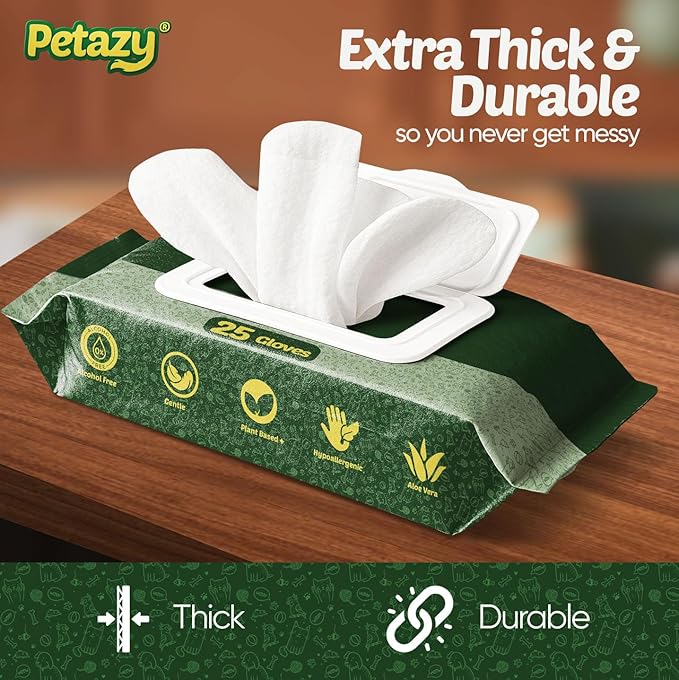 Petazy Pet Glove Wipes for Dogs & Cats – 50 Pack | Hypoallergenic, No Rinse, Extra Thick Cleaning Gloves with Aloe & Coconut Oil | Paws, Face, Ears & Butt | Travel Friendly, Gentle & Safe