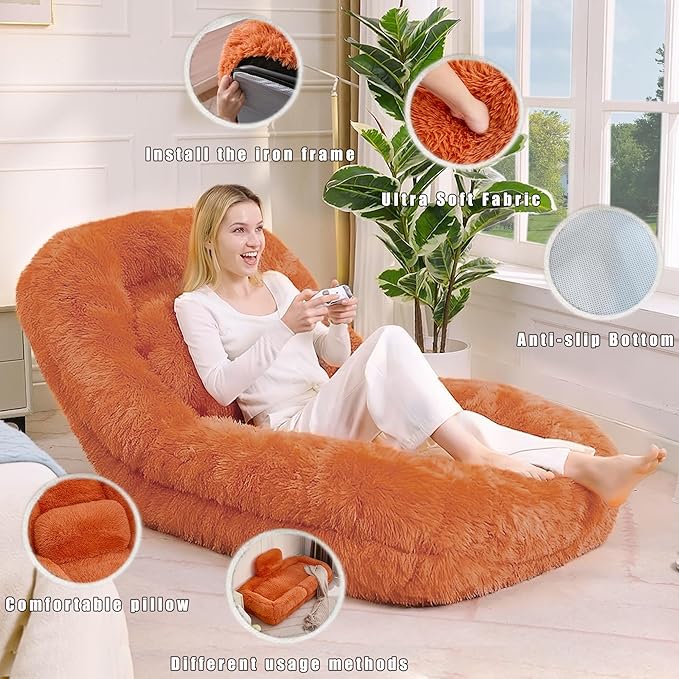 KEIKI 69" Human Dog Bed for Adults, 5-Position Adjustable Convertible Floor Sofa Chair, Human Size Dog Bed for People, Plush Faux Fur Lazy Sofa for Gaming, Meditation & Relaxation, Orange