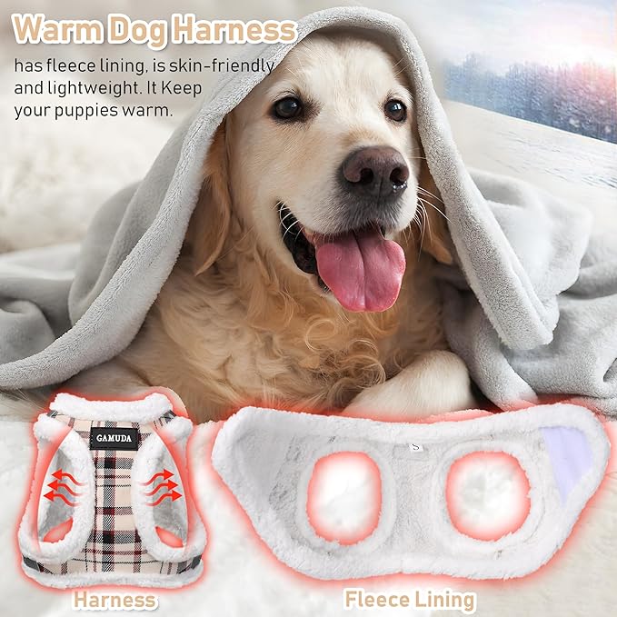 GAMUDA Small Dog Harness Collar and Leash Set, Step in No Chock No Pull Soft Mesh Adjustable Dog Vest Harnesses Plaid Reflective for Dogs Puppy Cats Kitten Rabbit (Warm Beige, XS)