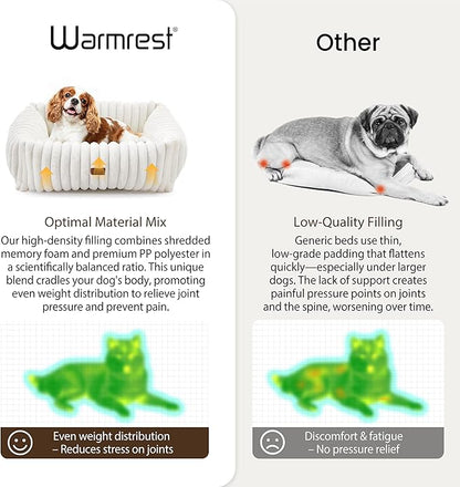 Warmrest Washable Dog Bed for Small Medium Dogs - Rectangle Orthopedic Corduroy Fleece Pet Bed with Removable Cover and Nonskid Bottom, Calming Puppy Bed Soft Pet Sofa, Cream(25x21x7inchs)
