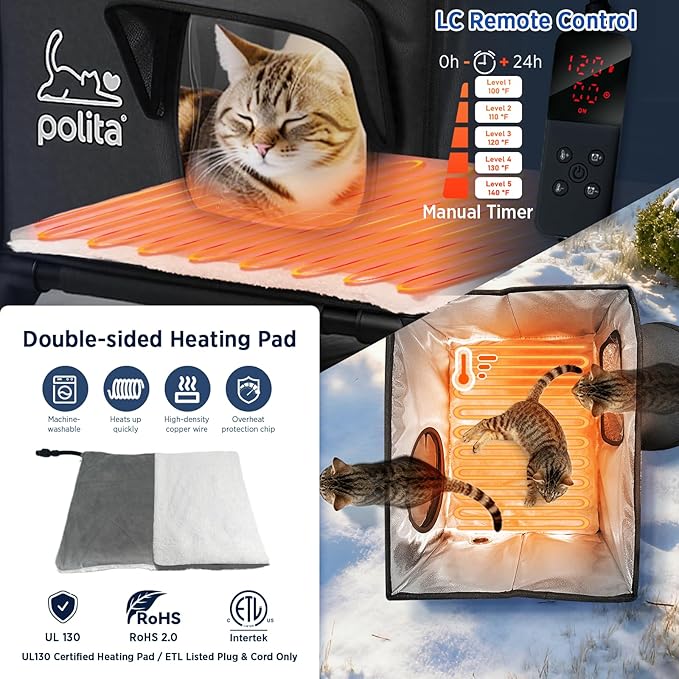 Polita Indestructible Heated Cat House for Outdoor Cats in Winter, Extremely Insulated & 100% Weatherproof, Elevated Feral Cat Shelter with Waterproof Eaves & Safe Escape Door for Stray & Barn Cats