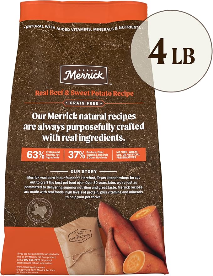 Merrick Premium Grain Free Dry Adult Dog Food, Wholesome And Natural Kibble, Real Texas Beef And Sweet Potato - 4.0 lb. Bag