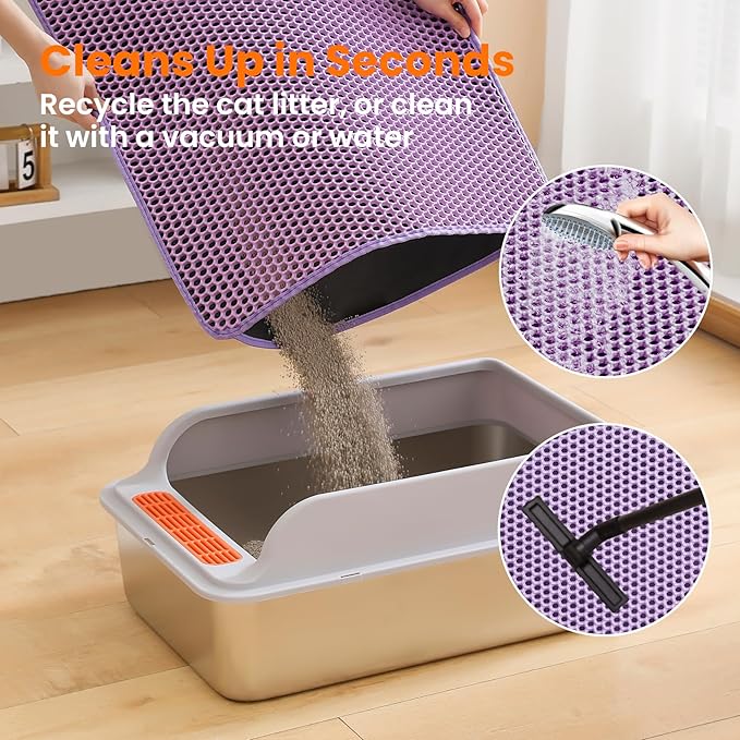 Petinstinct Jumbo Cat Litter Mat, 46x26 Inches Double Layer Honeycomb Litter Trapping Mat, Non Slip Waterproof Urine Proof Extra Large Cat Litter Box Mat, Kitten Supplies and Essentials, XXL, Purple
