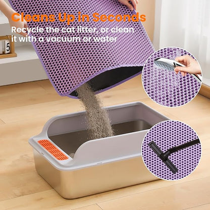 Petinstinct Extra Large Cat Litter Mat, 30x22 Inches Honeycomb Double Layer Cat Litter Trapping Mat, Non Slip Waterproof Urine Proof Large Kitty Litter Box Mat for Floor, Kitten Supplies, XL, Purple