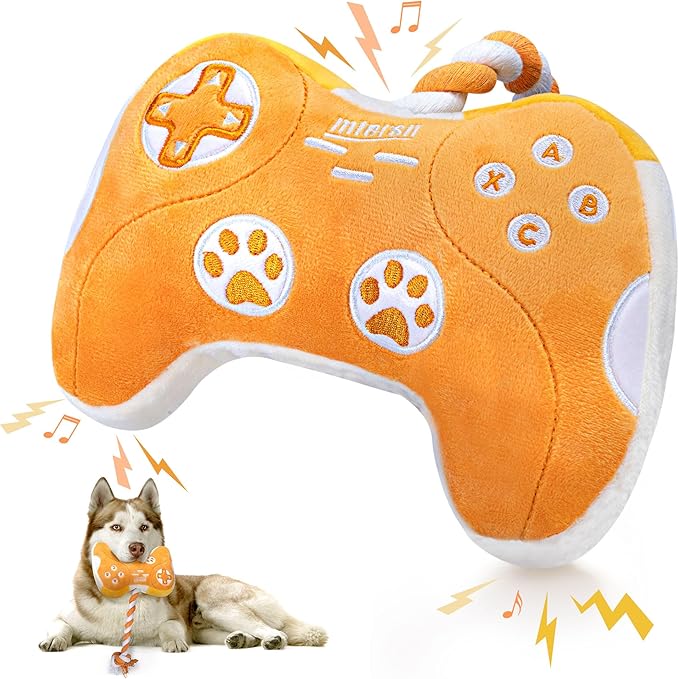 MTERSN Plush Dog Toy : Interactive Squeaky Dog Toys with Crinkle Paper and Gaming Controller Shape Dogs Rope Toys - Funny Pet Chew Toys with 3 Squeakers for Puppy, Small, Medium, Large Dogs (Yellow)