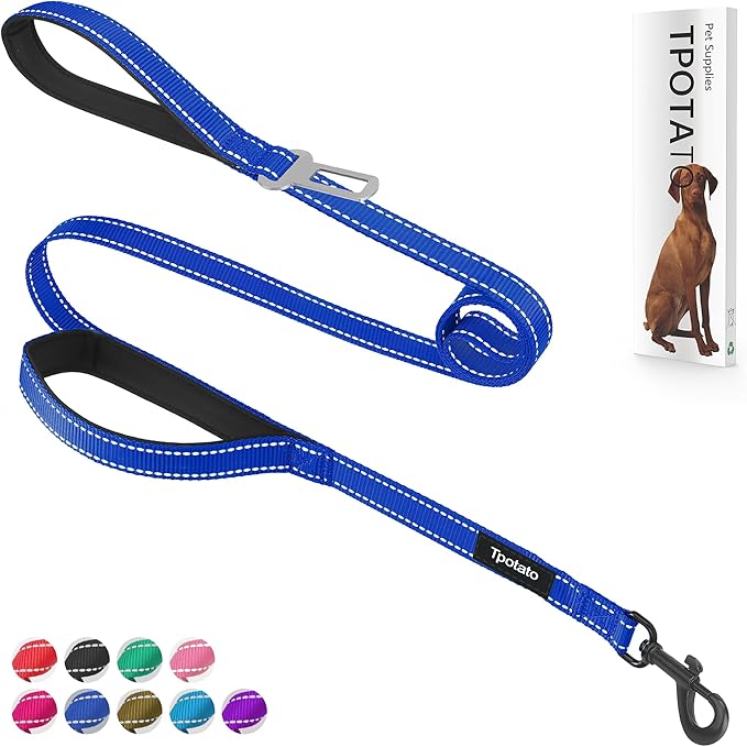 6 Foot Blue Dog Leashes for Large Medium and Small Breed Dogs That Pull,Reflective Nylon Heavy Duty Dog Leash with 2 Comfortable Padded Traffic Handles and Car Seat Belt for Walking and Training