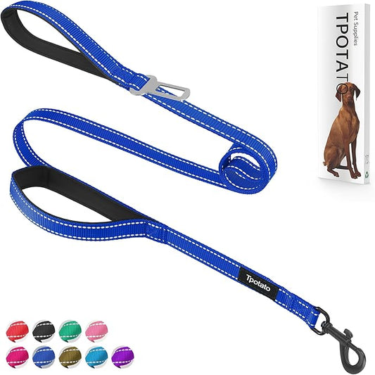 6 Foot Blue Dog Leashes for Large Medium and Small Breed Dogs That Pull,Reflective Nylon Heavy Duty Dog Leash with 2 Comfortable Padded Traffic Handles and Car Seat Belt for Walking and Training