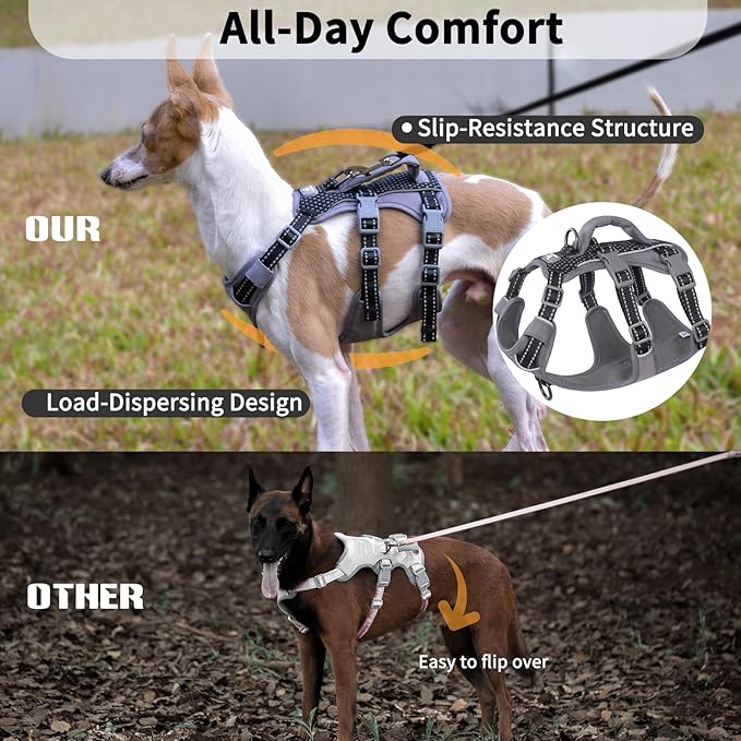 Huntboo Reflective Dog Harness with Handle, Escape Proof, No Slip, Breathable, Lightweight, Adjustable Lift Harness for Small, Medium, and Large Dogs Walking, Training, and Running Gear(Black,XL)