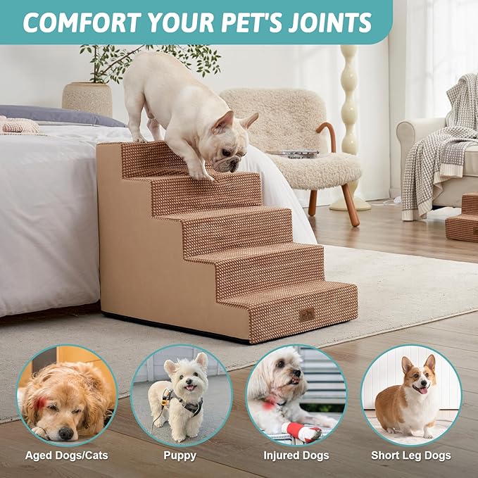 COZY KISS Dog Stairs for Small Dogs 5-Step, 19.7" Extra Wide Right-Angle Pet Stairs for Couch and Beds, Anti-Slip Dog Steps for Old Cats and Lowrider, 19.7x29.5x23.6 inch, Light Brown