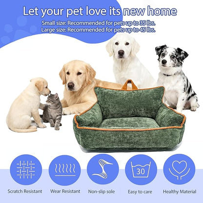 RAFASAFA Large Orthopedic Dog Sofa Bed with Sides, Carry Handle & Side Pockets .Plush Chenille Orthopedic Pet Bed Couch for Large Dogs.Portable Snuggler for Indoor Use, Travel & Recovery (Green)