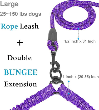 iYoShop Dual Dog Leash - 360° Swivel, No Tangle Walking Leash with Shock Absorbing Bungee for Two Dogs (Large, 25-150 lbs, Purple)