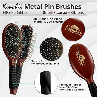 Kenchii Pet Grooming Metal Pin Brush for Dogs and Cats, Solid Wood Handle, Non Slip Grip, Detangling and Shedding Brush for Long or Short Haired Pets, Size Small