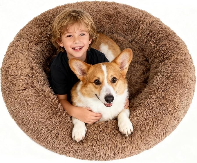 Waterproof Memory Foam Dog Beds for Large Dogs Machine Washable,Round Plush Anxiety Orthopedic Bolster Pet Bed with Removable Cover,Fluffy Donut Calming Sofa to Care Arthritis 42 Inch,Camel