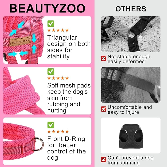 BEAUTYZOO No Pull Dog Harness Medium Sized Dog, Breathable Mesh Padded Dog Harness and Leash Set, Adjustable Reflective Escape Proof Dog Vest Harnessss Quick Fit for Training Walking, Hot Pink M