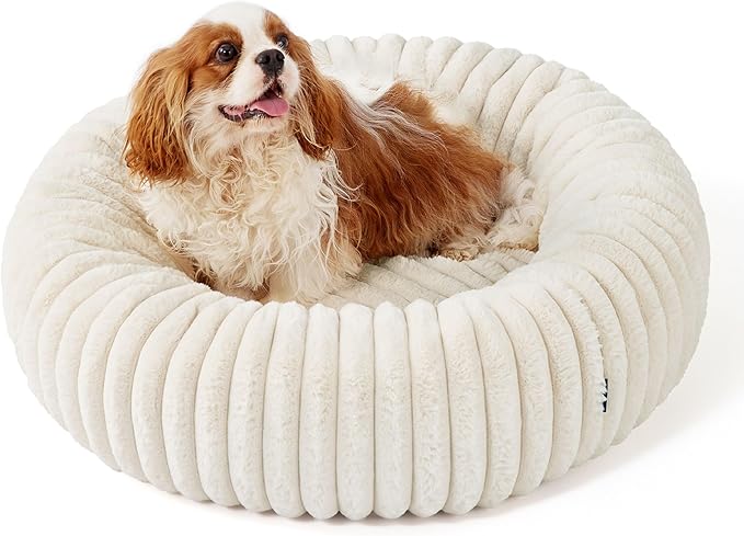 Bedsure ComfyFleece Donut Medium Dog Bed - Washable Faux Fur with Corduroy Fleece & Anti Slip Bottom, Round Pet Bed with Removable Cover, Cream, 30x30x8 inches