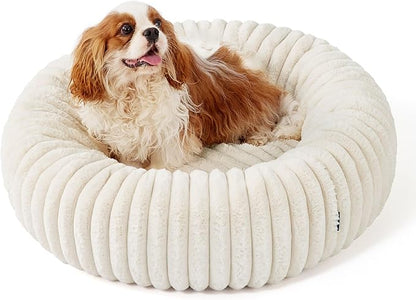 Bedsure ComfyFleece Donut Medium Dog Bed - Washable Faux Fur with Corduroy Fleece & Anti Slip Bottom, Round Pet Bed with Removable Cover, Cream, 30x30x8 inches