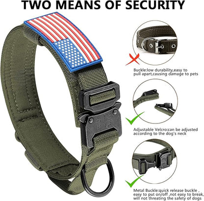 DAGANXI Tactical Dog Collar, Adjustable Military Training Nylon Dog Collar with Control Handle and Heavy Metal Buckle for Medium and Large Dogs, with Patches and Airtags Case (XL, Green)