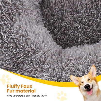 Calming Dog Beds for Large Dogs, Faux Fur Donut Cuddler Dog Bed, Round Fluffy Pillow, Washable Pet Bed for Dogs Up to 80Lbs, 36inch