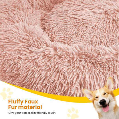 Calming Dog Beds for Large Dogs, Faux Fur Donut Cuddler Dog Bed, Round Fluffy Pillow, Washable Pet Bed for Dogs Up to 80Lbs, 36inch