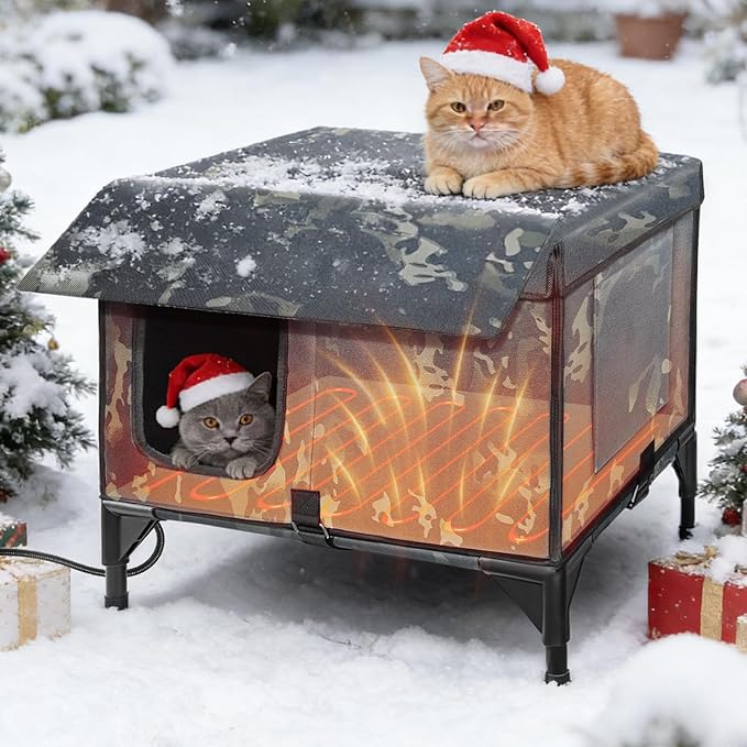 Heated Cat House for Outside, Outdoor Pet Warming Shelter with Time & Temperature Controler, Waterproof with Escape Door, Used Separately for All Four Seasons with Rain-Proof Eaves