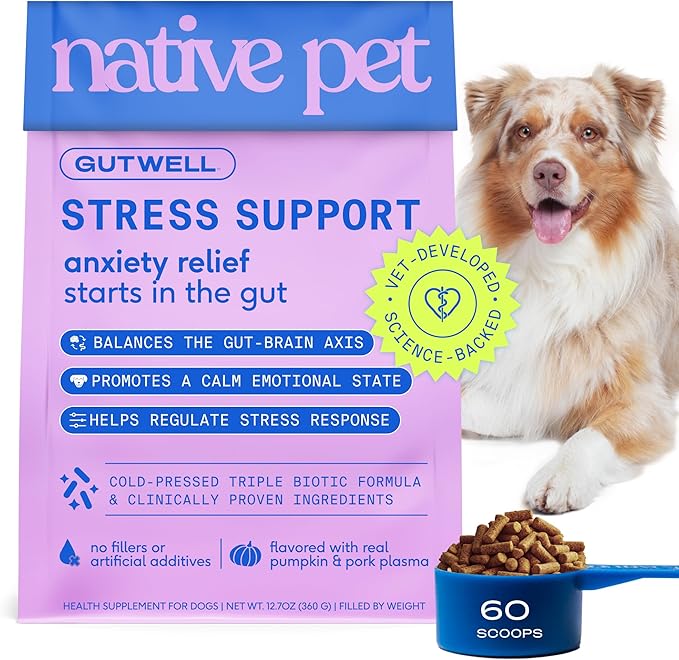 Native Pet GutWell Stress Support - Dog Anxiety Relief & Calming Treats - Tasty Food Topper for Dog Stress and Anxiety Relief - Support Gut-Brain Axis with Triple-biotic Blend & Magnesium - 60 Scoops