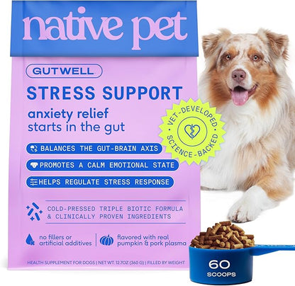 Native Pet GutWell Stress Support - Dog Anxiety Relief & Calming Treats - Tasty Food Topper for Dog Stress and Anxiety Relief - Support Gut-Brain Axis with Triple-biotic Blend & Magnesium - 60 Scoops