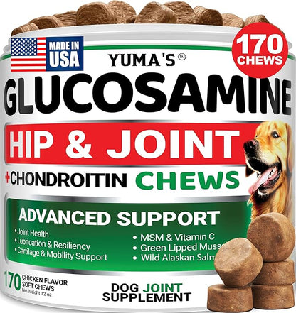 YUMA'S Glucosamine for Dogs - Hip and Joint Supplement for Dogs - 170 Ct - Glucosamine Chondroitin Chews - Joint Pain Relief Supplement with MSM - Advanced Health - Mobility Support - Made in USA