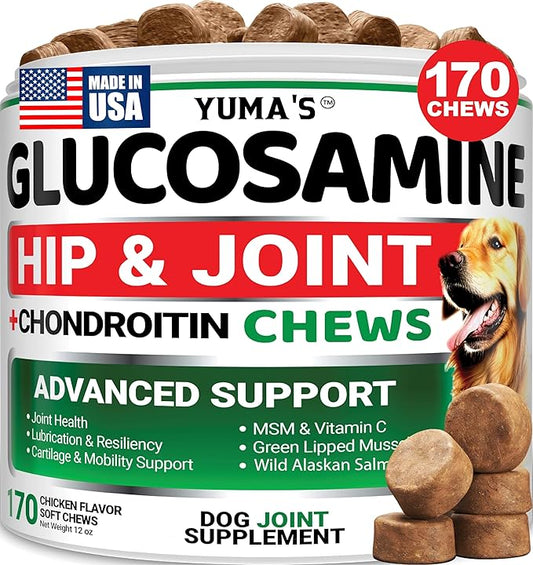 YUMA'S Glucosamine for Dogs - Hip and Joint Supplement for Dogs - 170 Ct - Glucosamine Chondroitin Chews - Joint Pain Relief Supplement with MSM - Advanced Health - Mobility Support - Made in USA