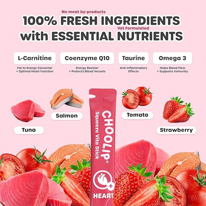 Choolip Squeeze Vita Stick Lickable Cat and Dog Treats, 7-Count Heart Support, Salmon and Tuna with CoQ10, Taurine and L-Carnitine, Grain-Free, Vet-Formulated
