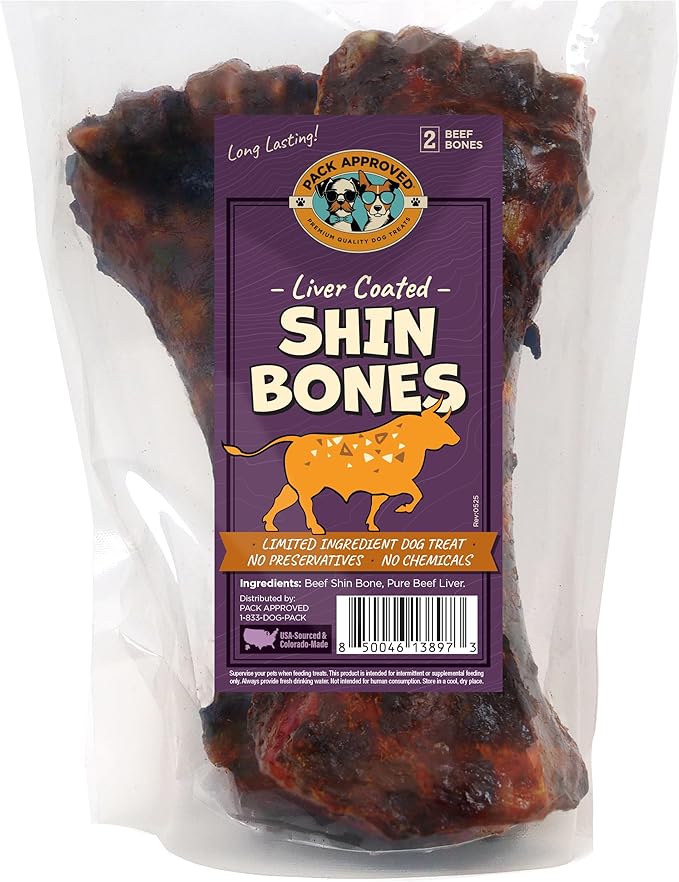Pack Approved Beef Shin Bones for Dogs - Liver Coated Long Lasting Dog Chews for Aggressive Chewers - Rawhide-Free Big Bones for Large Dogs - Healthy Large Dog Bone (2 Pack)