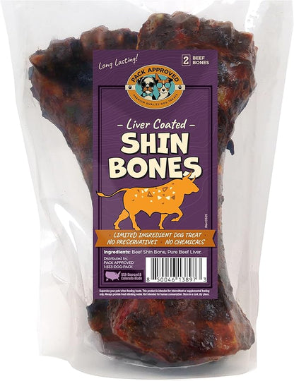 Pack Approved Beef Shin Bones for Dogs - Liver Coated Long Lasting Dog Chews for Aggressive Chewers - Rawhide-Free Big Bones for Large Dogs - Healthy Large Dog Bone (2 Pack)
