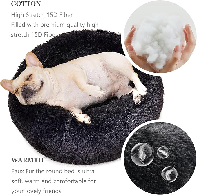 Calming Donut Dogs Beds for Small Dogs Washable,23inch Plush Round Pet Bed for Cozy Sleep,Fluffy Faux Fur Large Cat Bed,Fits up to 25 lbs Pets,Black