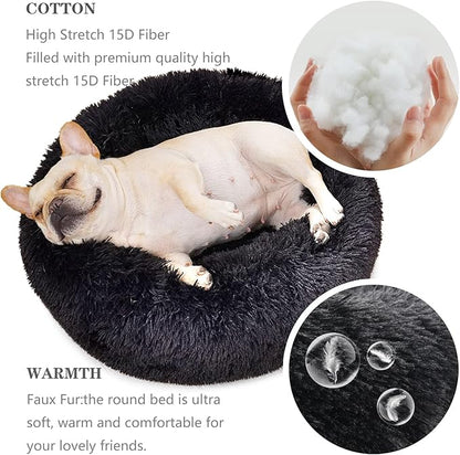 Calming Donut Dogs Beds for Small Dogs Washable,23inch Plush Round Pet Bed for Cozy Sleep,Fluffy Faux Fur Large Cat Bed,Fits up to 25 lbs Pets,Black