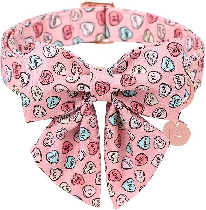 Valentine’s Dog Collar with Bow Tie, Pink Heart Bowtie Collar with Metal Buckle, Valentine’s Gift Pet Collar for Puppy Girl Boy Dog or Cat, Wedding Dog Collar,XL
