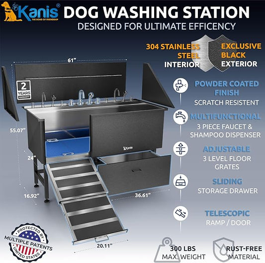 KANIS Professional Dog Washing Station - 304 Stainless Steel Pet Wash Sink & Grooming Bathtub w/Shower, Floor Grates and Storage for Large, Medium & Small Pets (61, Black 1 Drawer - Left RAMP)